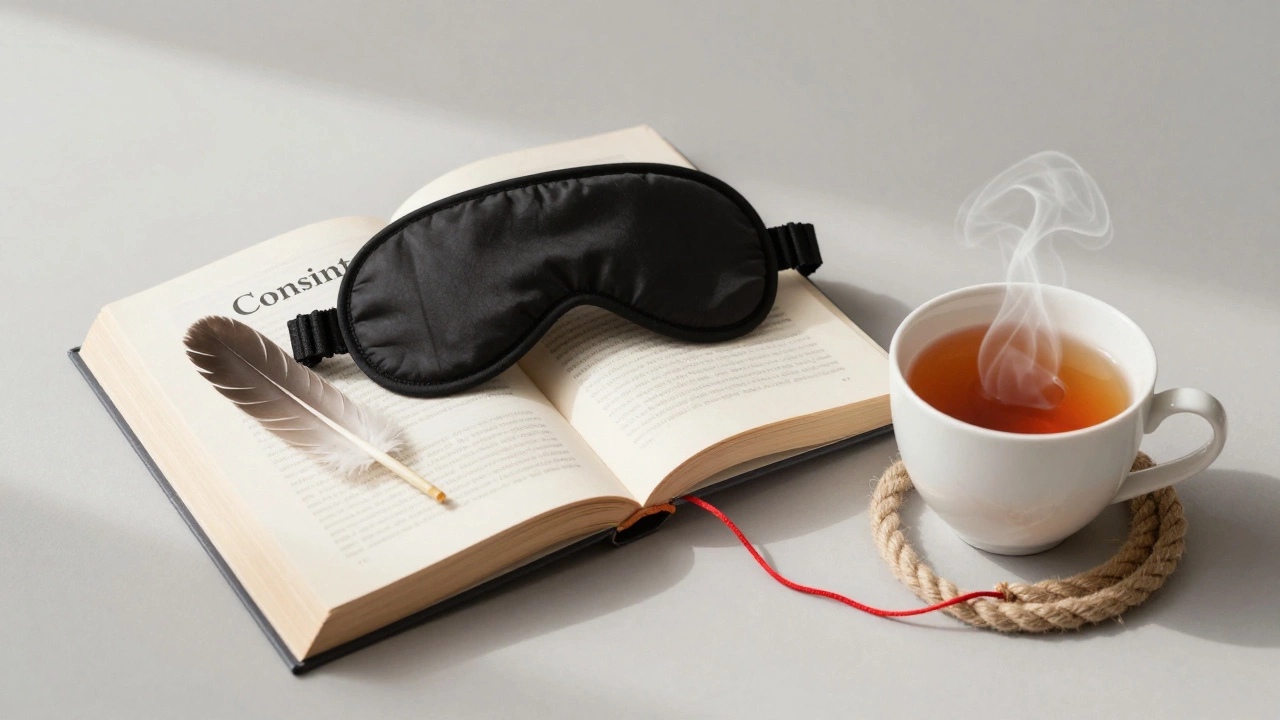 A blindfold, feather, and rope beside a teacup on an open book about consent.