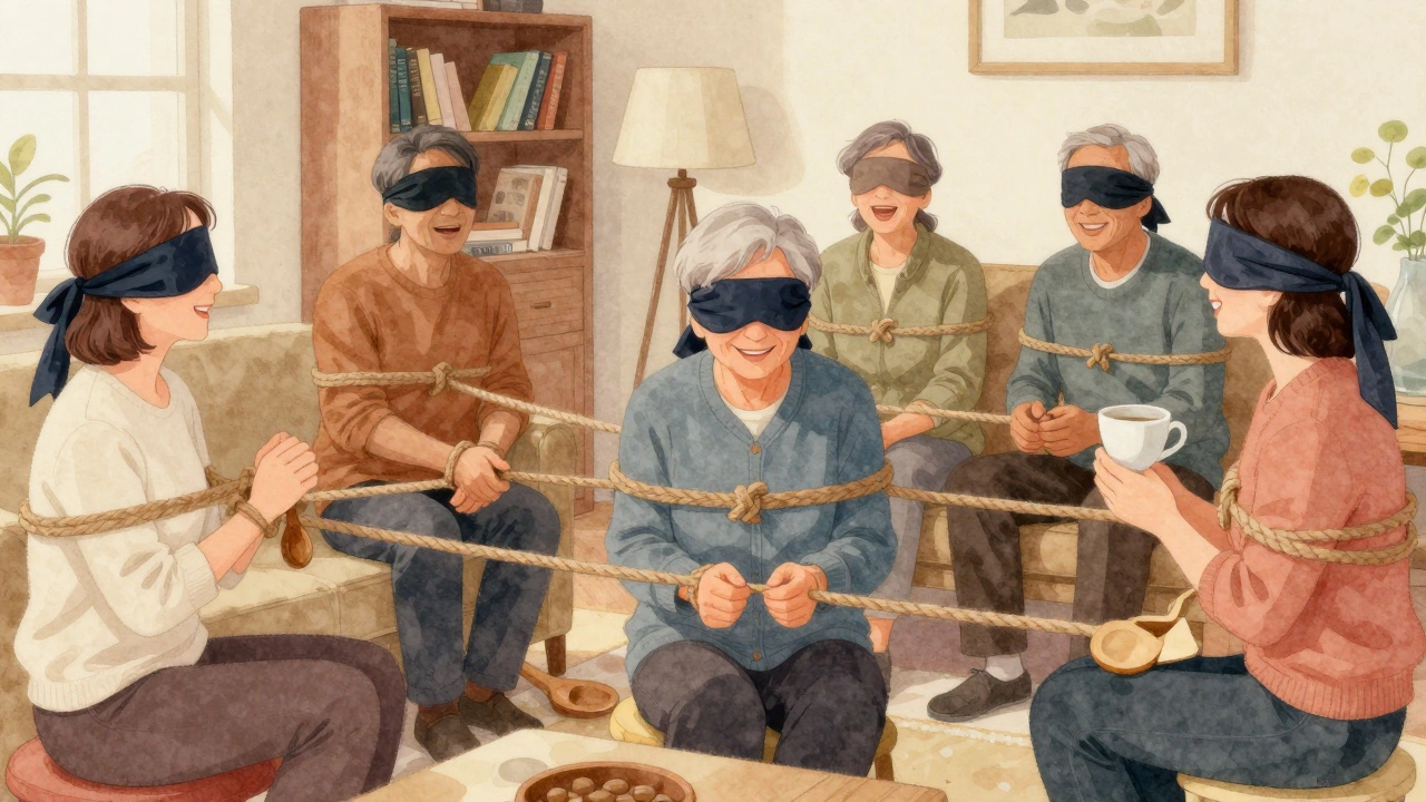 Older adults practicing gentle bondage with household items in a warm living room.