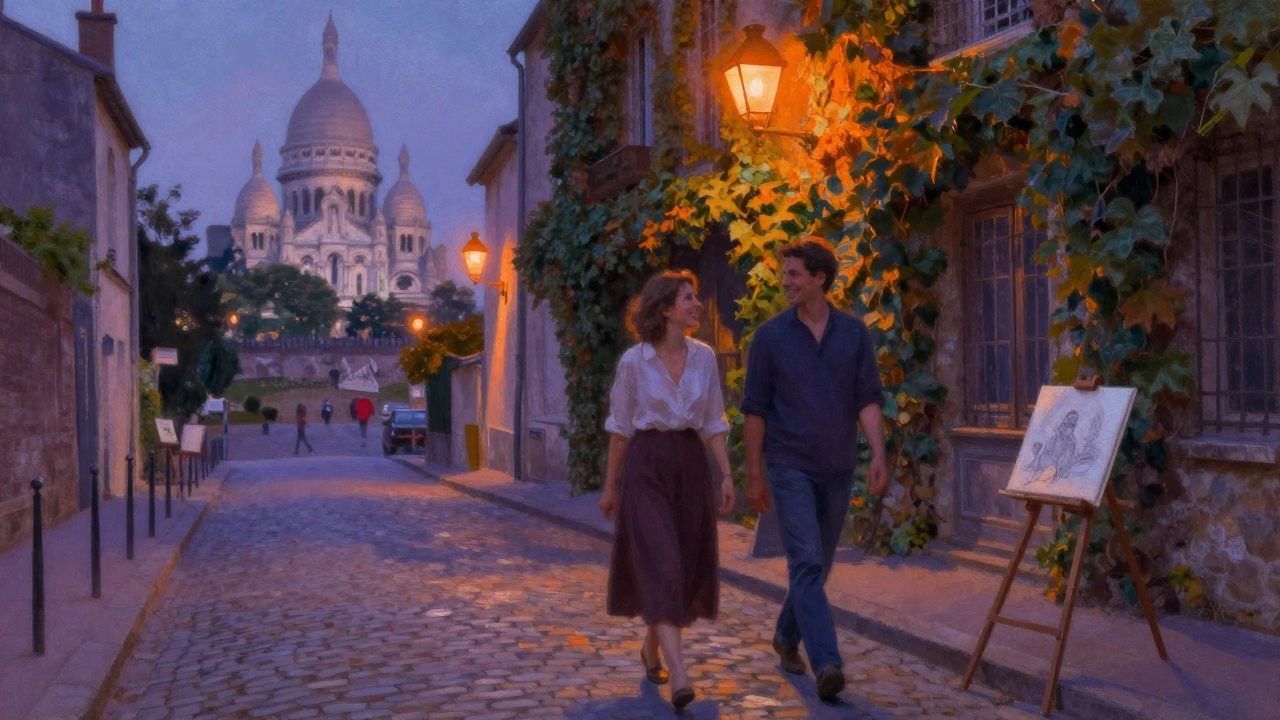 Two people walk peacefully through Montmartre at twilight, laughing softly under streetlamp glow.